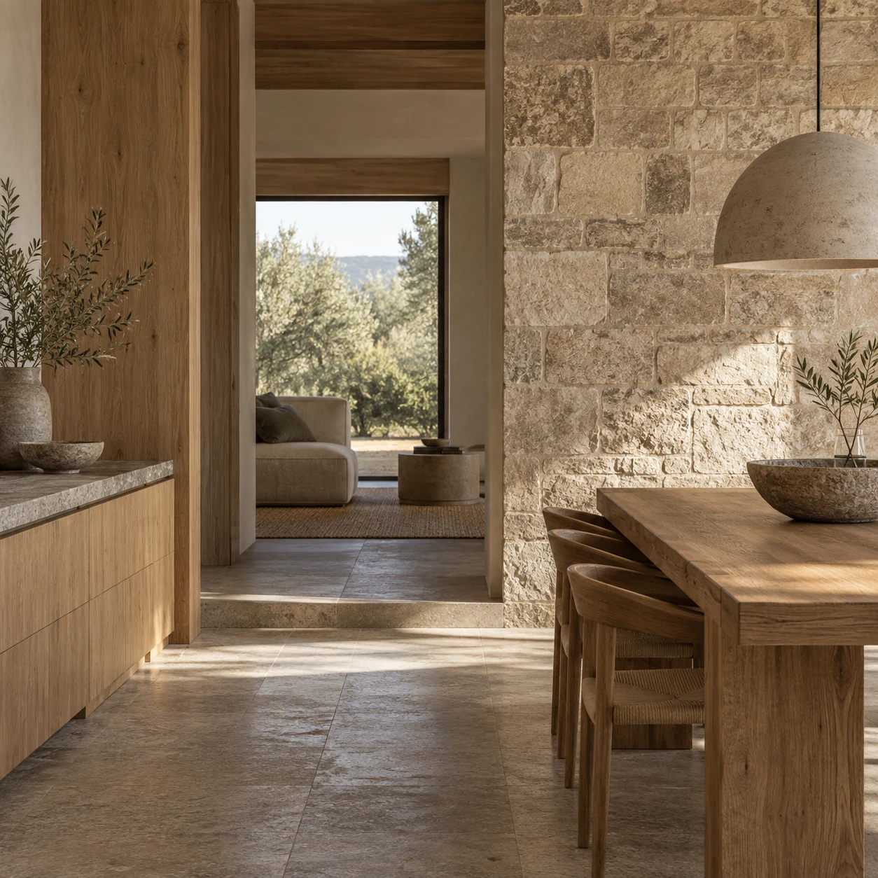 Close study of timber and stone with modest natural patina, realistic grain, pores and edge wear.