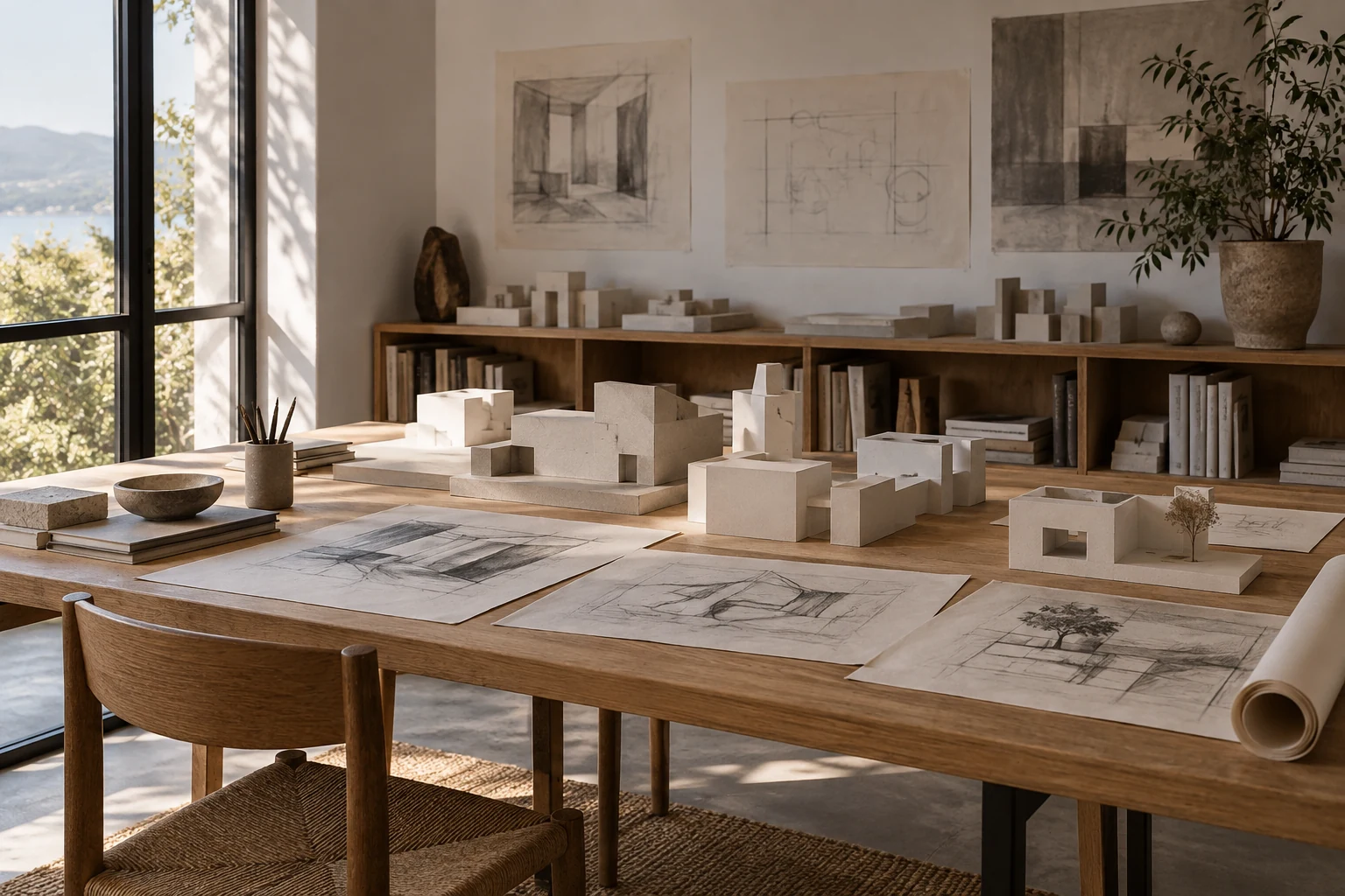 A worktable with plain massing models and abstract spatial sketches without text or construction dimensions.