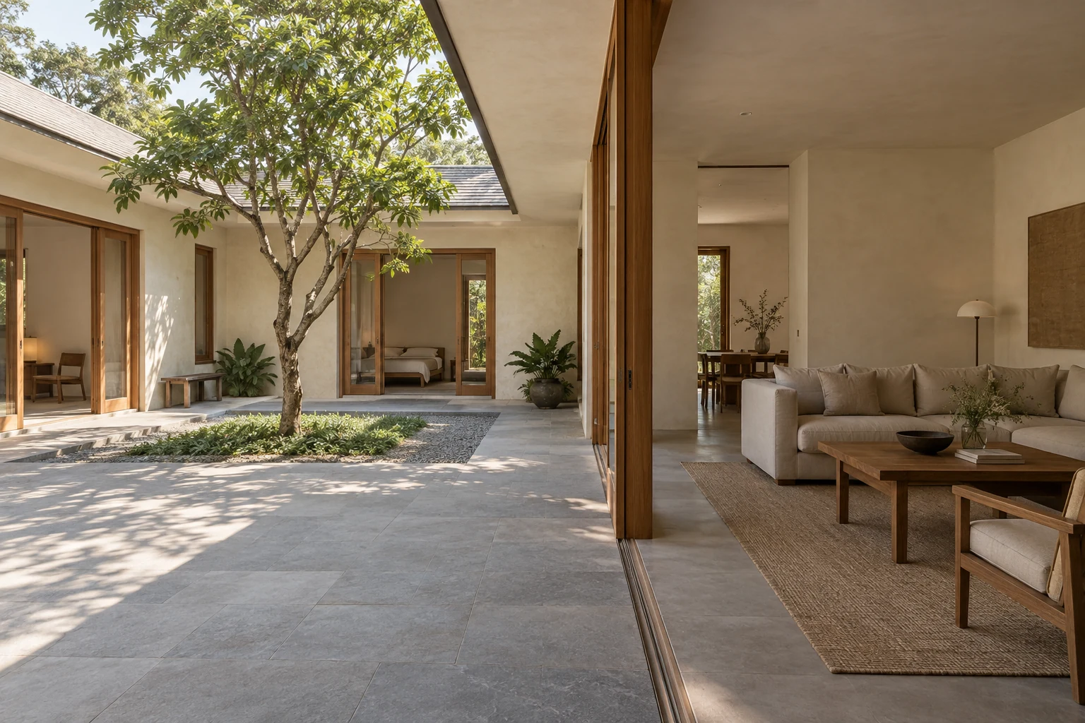 Courtyard and adjacent living room.