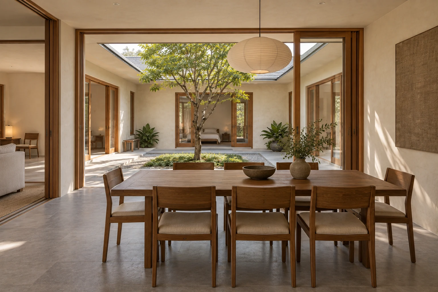 Dining area looking toward the same courtyard tree.