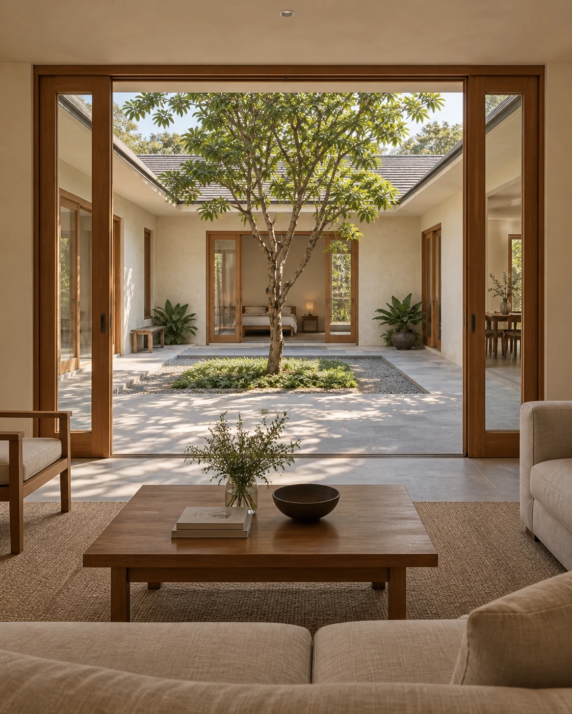 Vertical living room view toward the same courtyard.