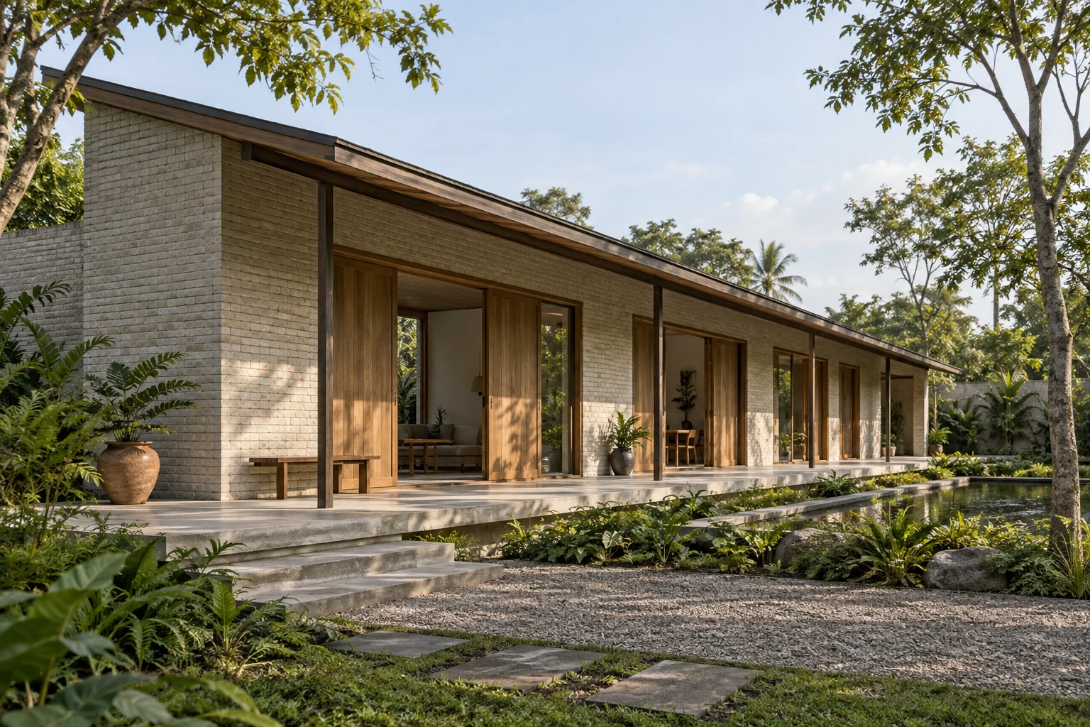 Elongated building and its single sloping roof beside the terrace.