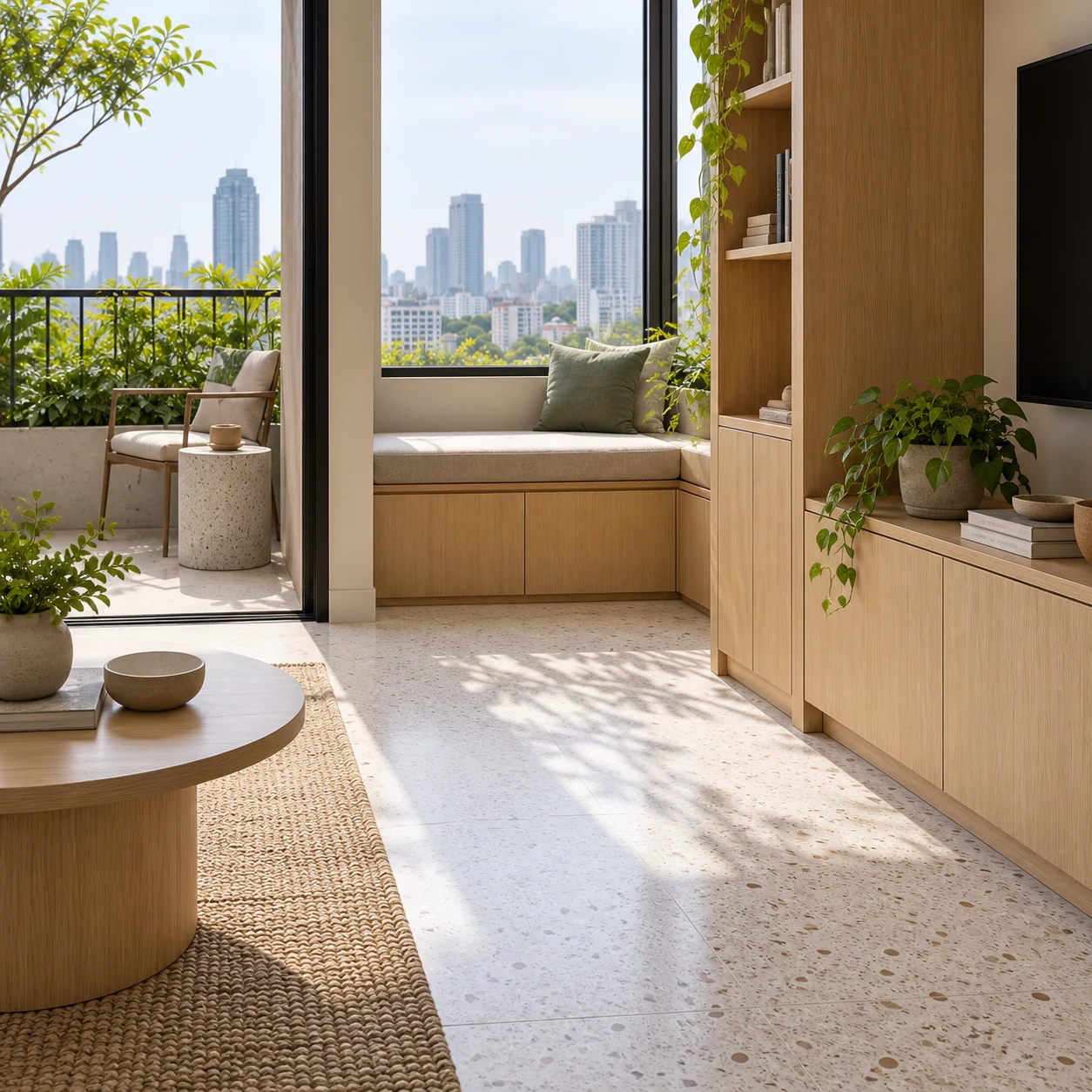 Junction between terrazzo flooring and light oak cabinetry.