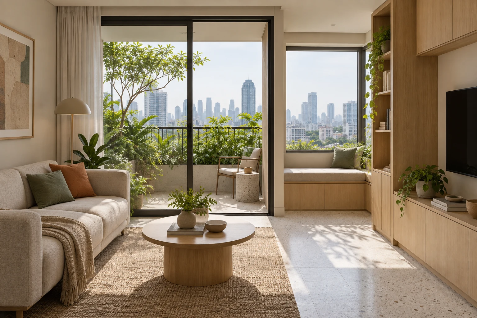 Living room connected to the planted balcony.