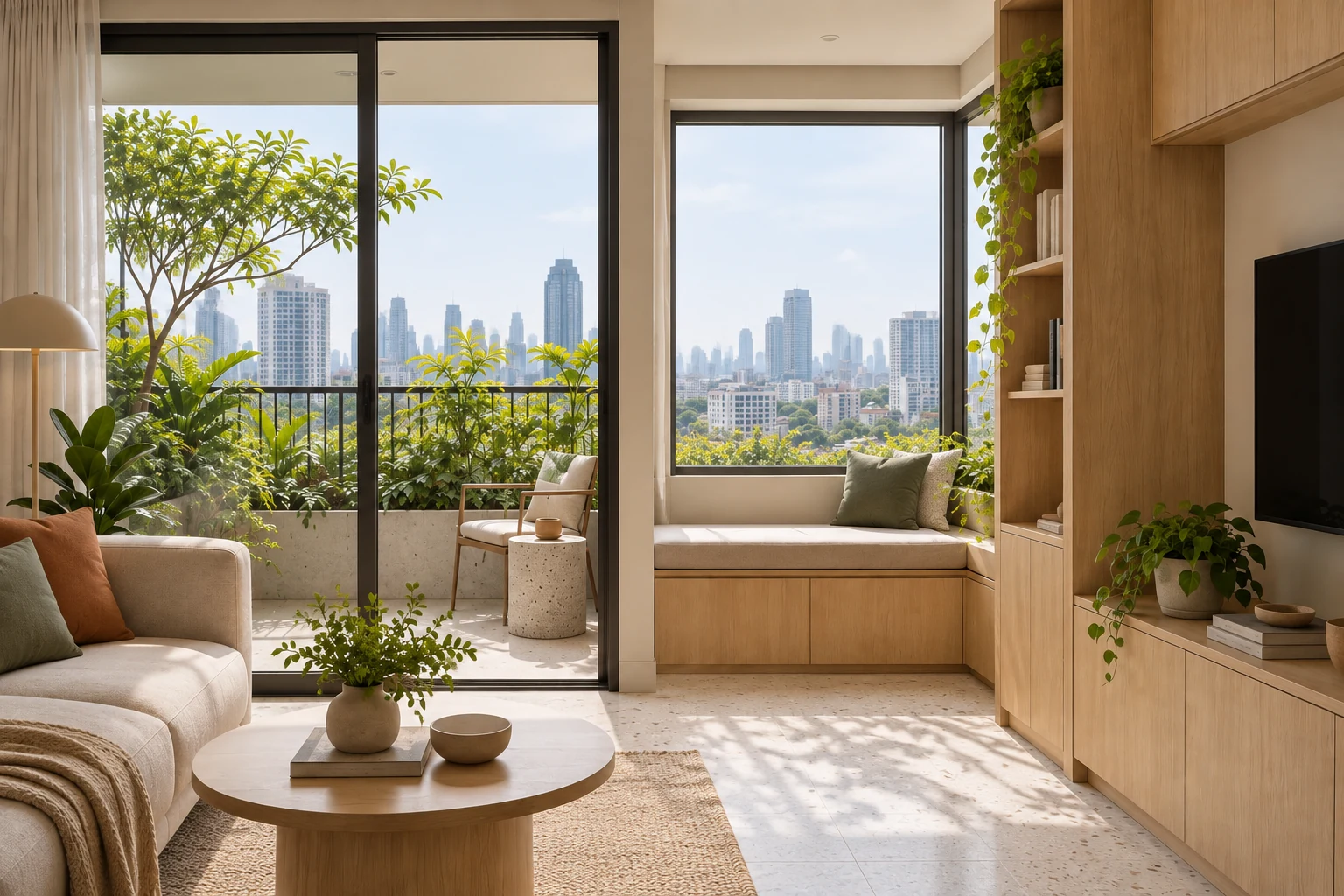 Bay window seat beside the same balcony vegetation.