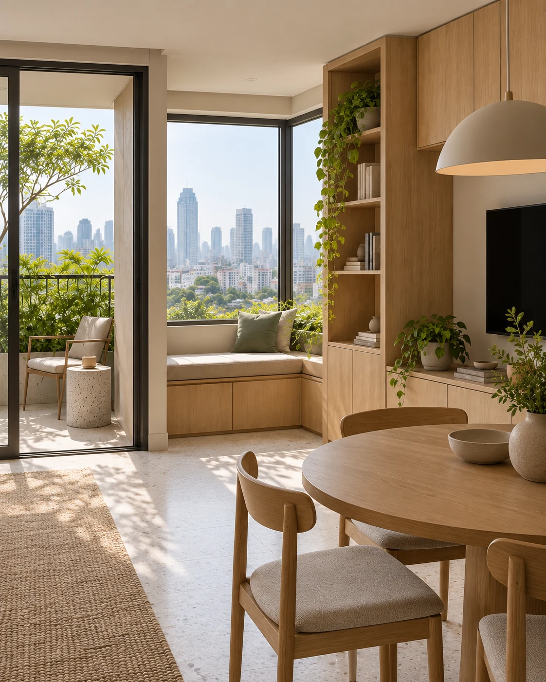 Vertical view of the dining corner and integrated oak storage.
