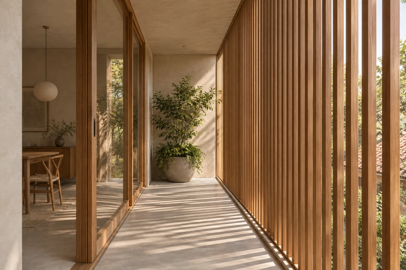 Shaded passage behind the same timber screen.