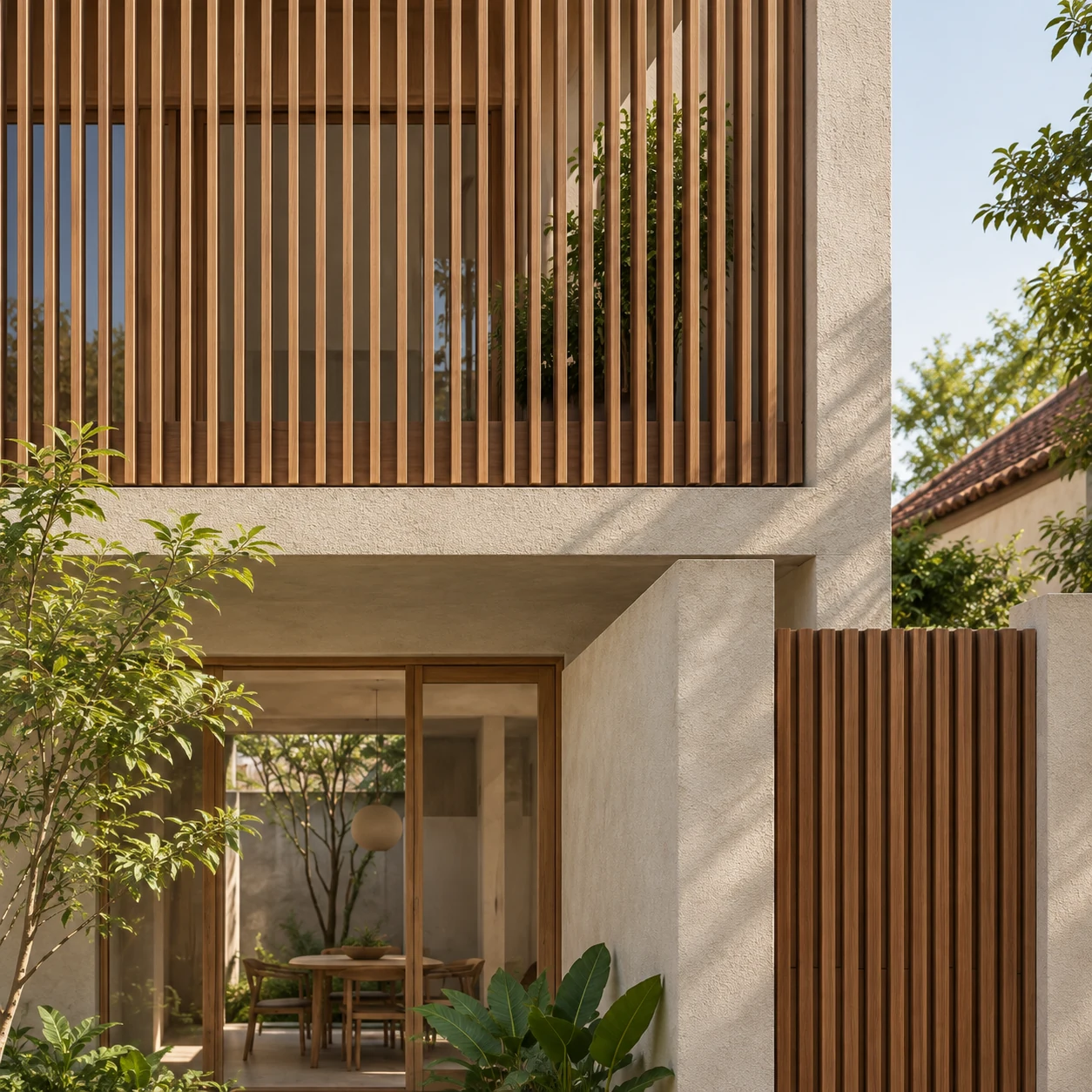 Realistic timber screen joint beside textured plaster.