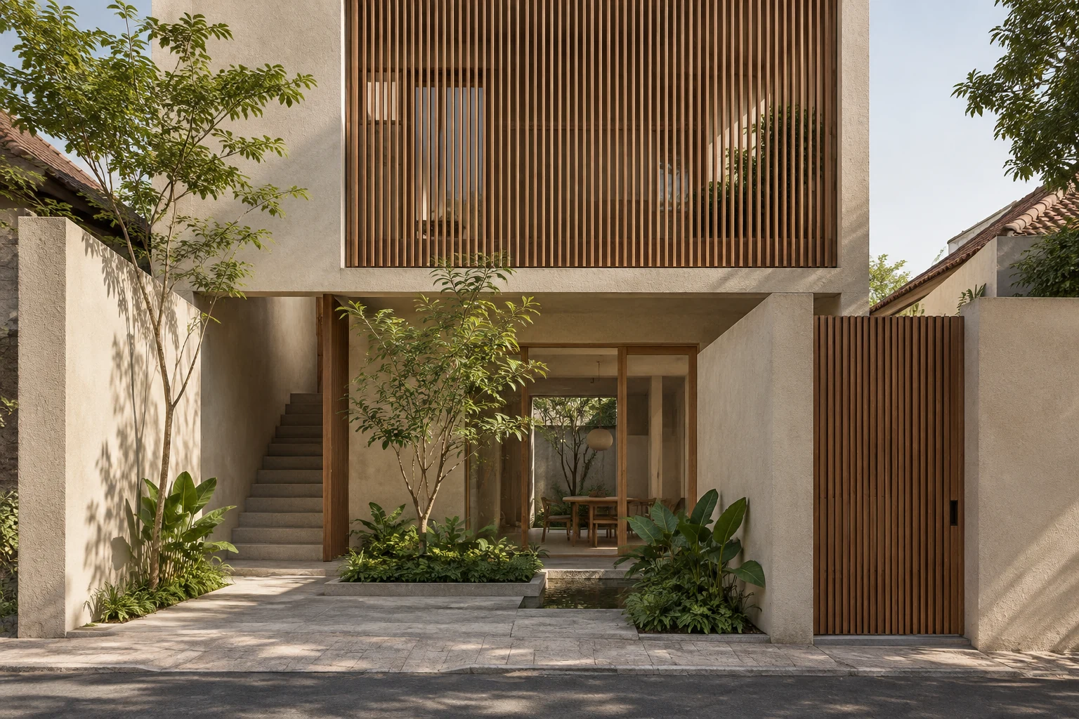 Timber-screened facade and small courtyard.