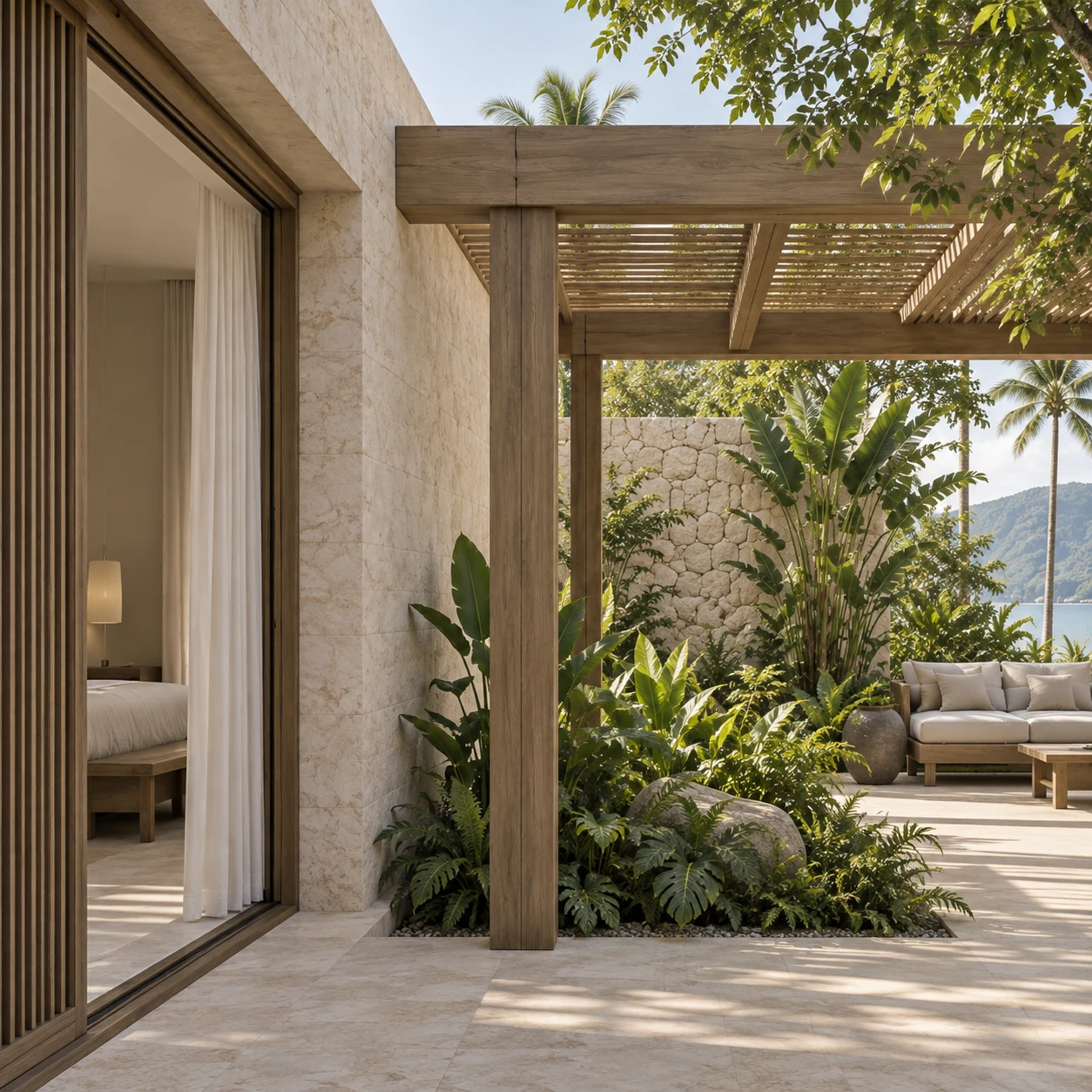 Limestone wall meeting a supported timber pergola member.