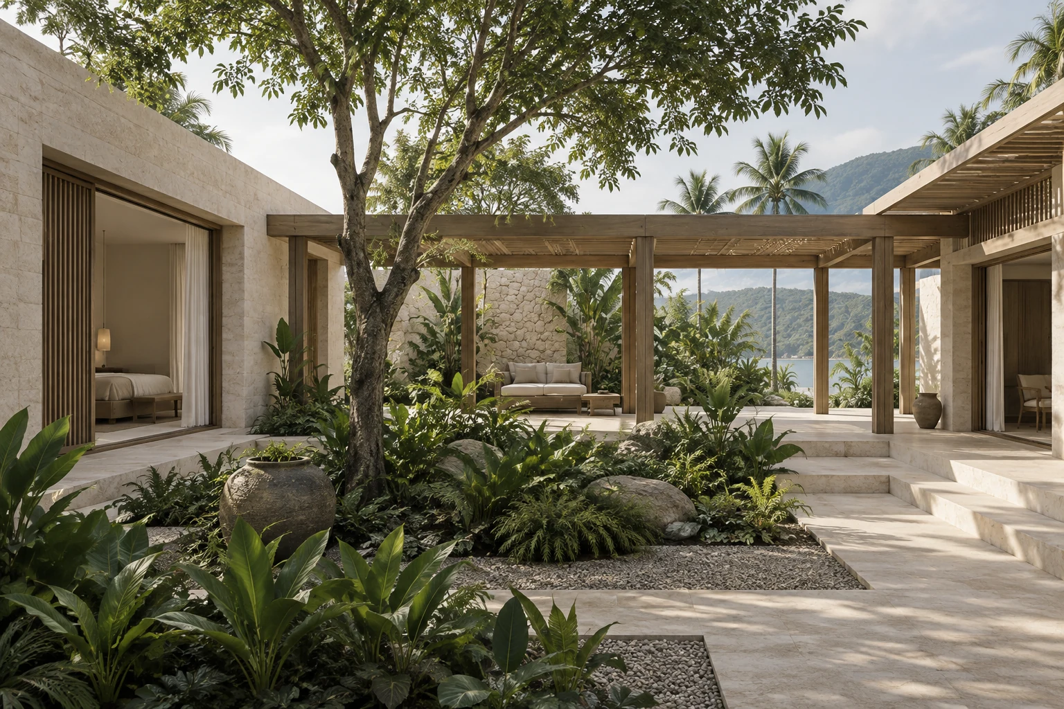 Low pavilion and pergola enclosing a shaded garden.