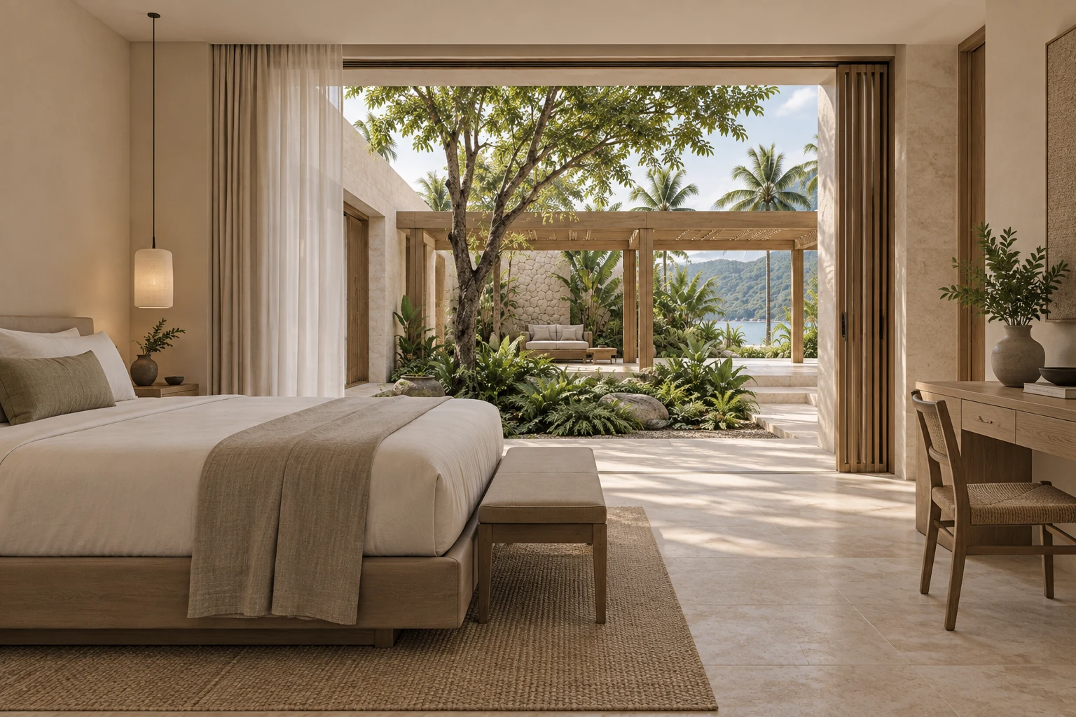 Guest room retaining the same limestone and timber language.