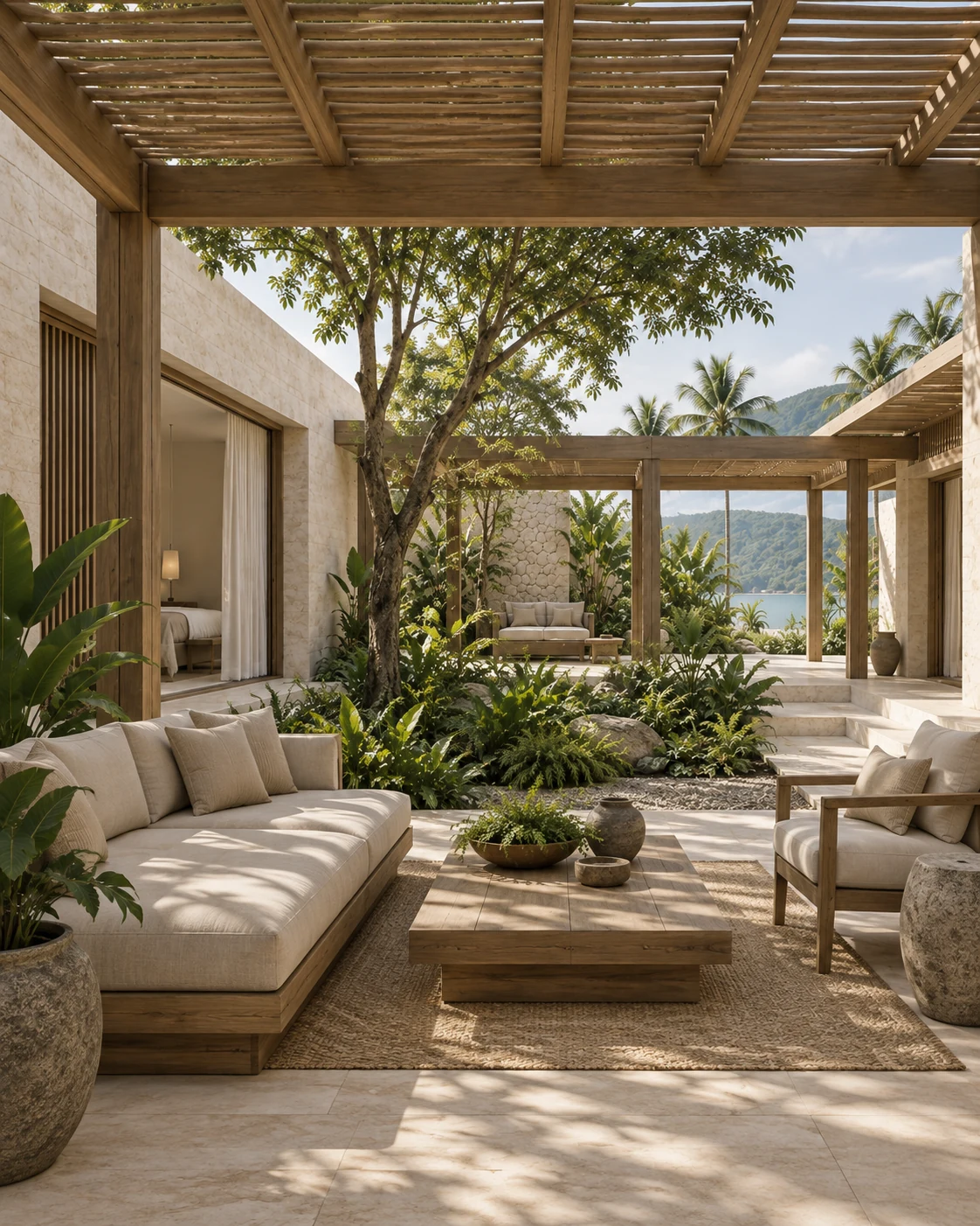 Vertical view of a sheltered guest lounge.