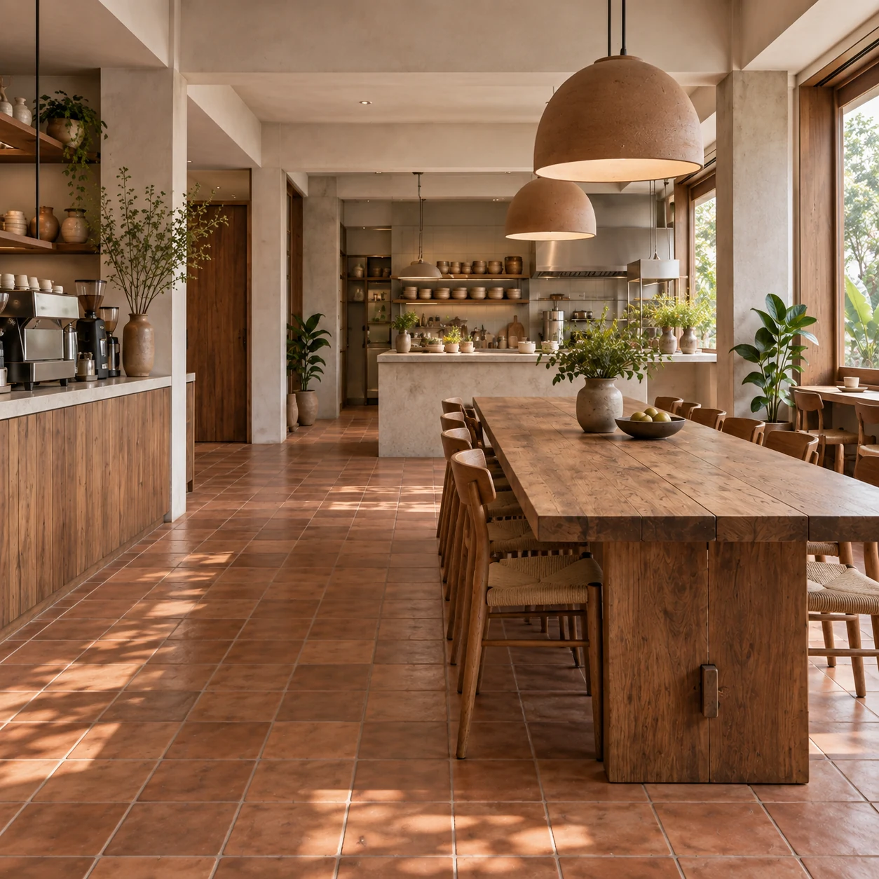 Clay tile floor meeting timber joinery.