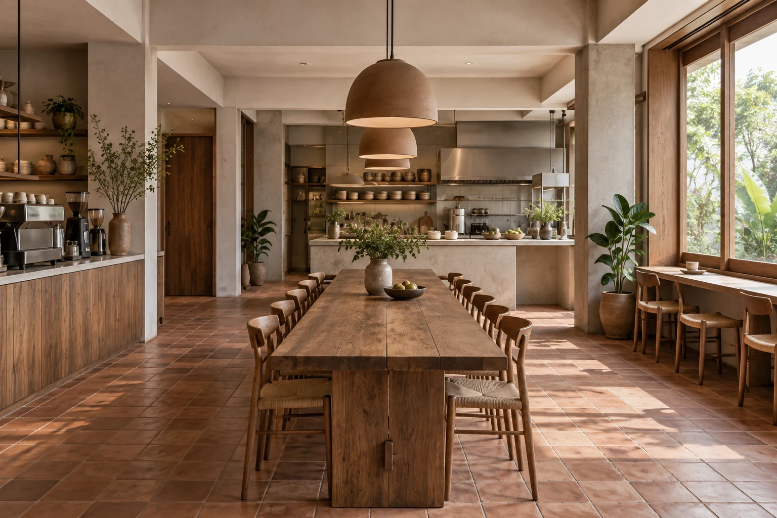 Long communal table with open kitchen beyond.