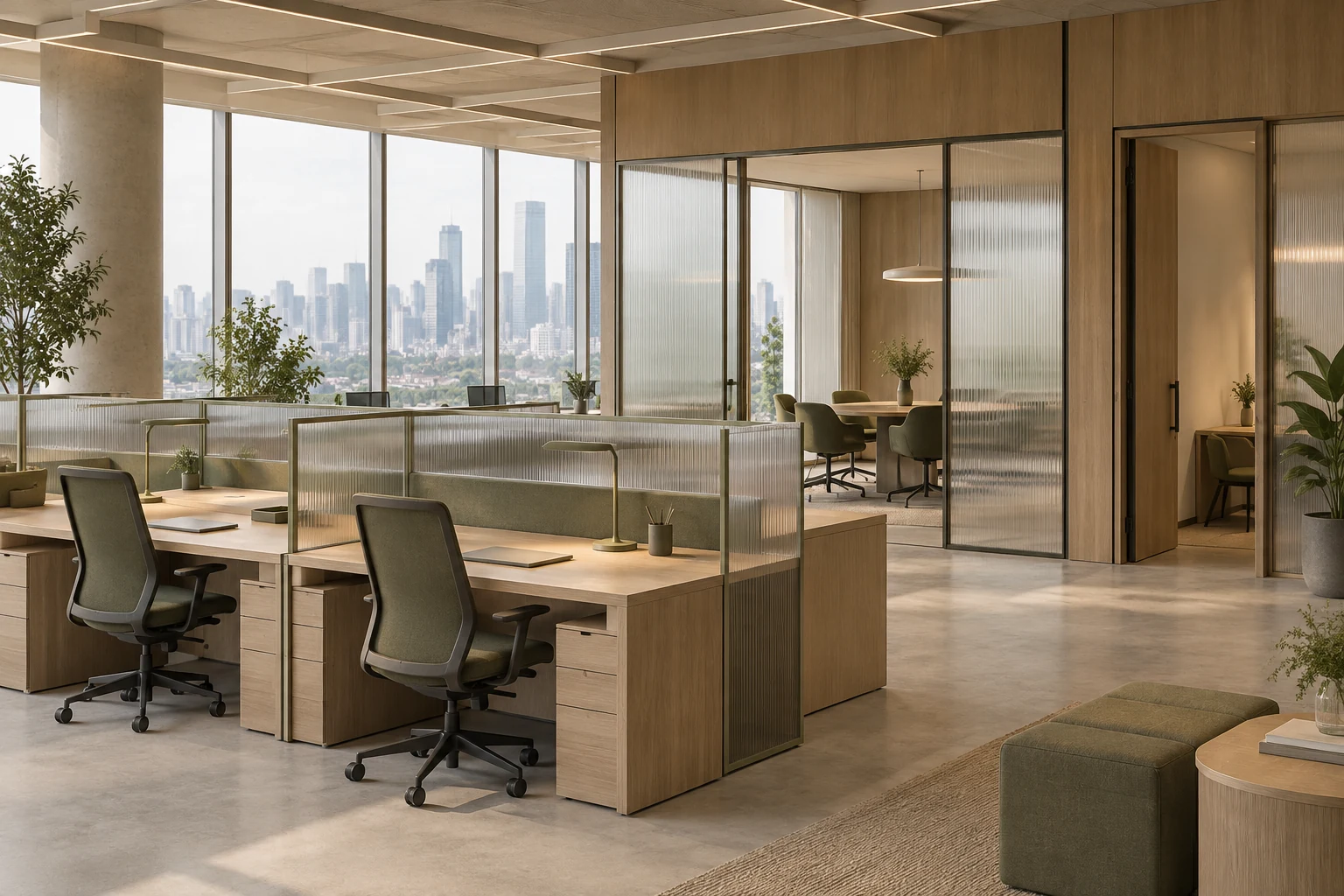 Modular work area with oak desks and reeded glass.