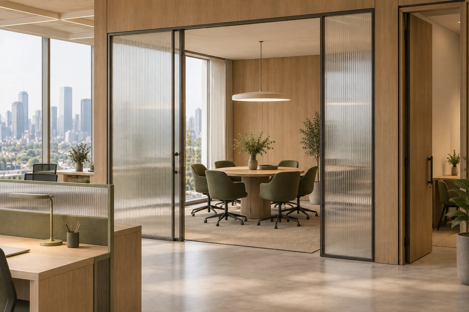 Collaboration table with restrained olive seating.